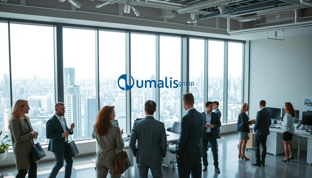 A dynamic, professional-looking scene depicting the concept of "travail temporaire" (temporary work). Set in a modern office environment, the foreground features a group of diverse individuals - a mix of men and women in business attire, engaged in various tasks and interactions. The middle ground showcases a sleek, minimalist workspace with clean lines, ample natural lighting, and workstations equipped with the latest technology. In the background, a large window offers a panoramic view of a bustling city skyline, conveying a sense of energy and opportunity. The overall atmosphere is one of productivity, collaboration, and the flexibility inherent in temporary employment. The Umalis Group logo is prominently displayed, signifying the company's role in facilitating this dynamic work arrangement.