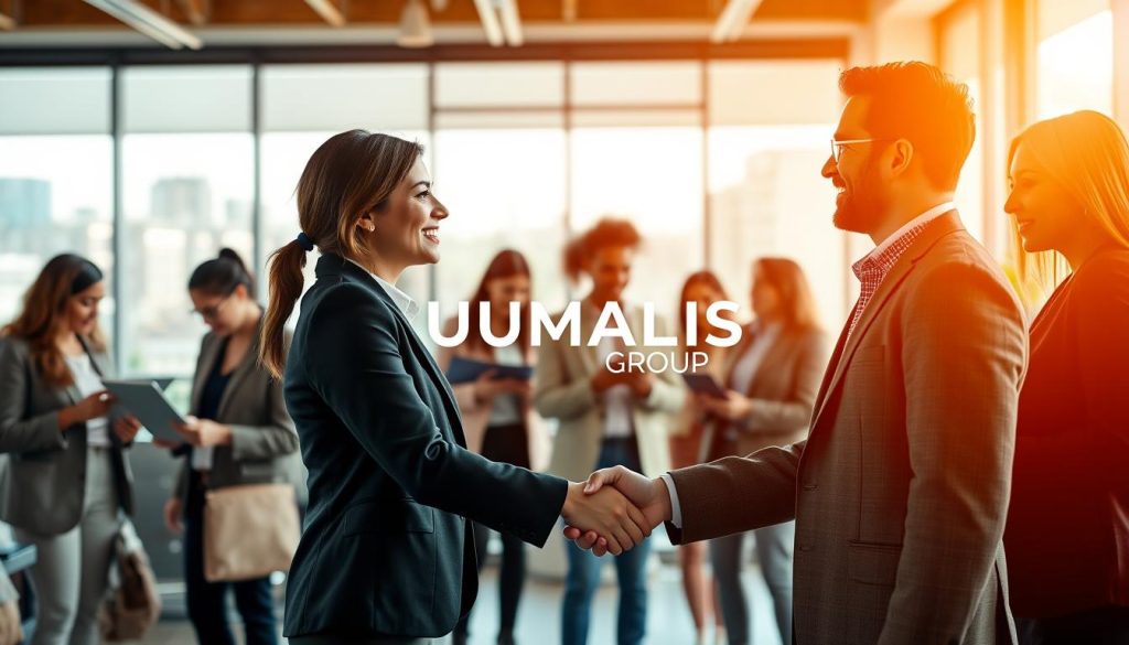 A dynamic professional networking scene featuring diverse individuals engaging in conversation and collaboration. In the foreground, a confident businesswoman in a smart blazer and a man in a tailored suit shake hands, symbolizing a strong professional bond. In the middle ground, small groups of professionals exchange ideas over laptops and tablets, showcasing the connectedness of the modern workforce. The background features a bright and contemporary office setting with large windows letting in natural light. The atmosphere is vibrant and energizing, reflecting ambition and innovation. The brand name "UMALIS GROUP" subtly appears in the design elements within the workspace, reinforcing association with professional growth and visibility. Use a warm color palette to enhance the positive mood, ensuring clarity and focus on the interaction.