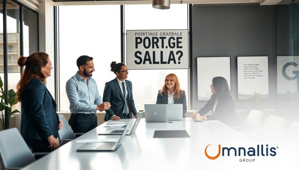A dynamic professional office environment, showcasing the advantages of "portage salarial" for advancing careers. In the foreground, a diverse group of three consultants, dressed in smart business attire, engages in an animated discussion around a sleek conference table filled with laptops and documents. The middle layer features a large window with soft, natural lighting streaming in, revealing a city skyline beyond. The background showcases modern office decor with motivational artwork that highlights growth and collaboration. The atmosphere radiates positivity and ambition, showcasing an inclusive and thriving workspace, symbolizing opportunity and support. Include subtle branding elements of "Umalis Group" in the decor to represent their role in enhancing career development. A dynamic professional office environment, showcasing the advantages of "portage salarial" for advancing careers. In the foreground, a diverse group of three consultants, dressed in smart business attire, engages in an animated discussion around a sleek conference table filled with laptops and documents. The middle layer features a large window with soft, natural lighting streaming in, revealing a city skyline beyond. The background showcases modern office decor with motivational artwork that highlights growth and collaboration. The atmosphere radiates positivity and ambition, showcasing an inclusive and thriving workspace, symbolizing opportunity and support. Include subtle branding elements of "Umalis Group" in the decor to represent their role in enhancing career development.