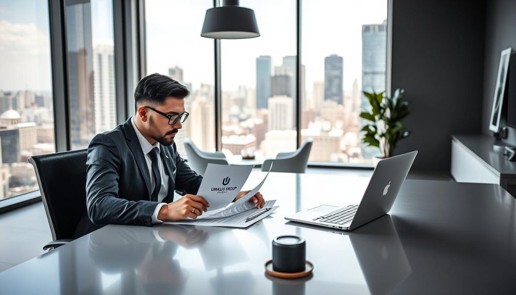 A dynamic, professional photograph showcasing the concept of "portage salarial". In the foreground, a well-dressed, confident freelance worker sits at a sleek, modern desk, meticulously reviewing documents and utilizing a high-end laptop emblazoned with the "Umalis Group" logo. The middle ground reveals an open-concept office space, filled with natural light and accentuated by minimalist, Scandinavian-inspired decor. In the background, the cityscape of a bustling metropolis can be seen through large windows, underscoring the versatility and urban appeal of the "portage salarial" model. The overall mood is one of professionalism, productivity, and entrepreneurial spirit, capturing the essence of the "travailleur indépendant en portage salarial" lifestyle.