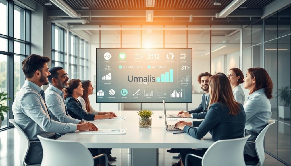 A dynamic, professional scene illustrating sectors with high potential and mission opportunities. In the foreground, a diverse group of business consultants in professional attire, engaged in a brainstorming session around a modern conference table. In the middle, a large digital display showcases various industry sectors like technology, healthcare, and renewable energy with icons and graphs. The background features an open office space with large windows, allowing natural light to flood in, creating an optimistic and innovative atmosphere. The setting should evoke a sense of collaboration and success. Emphasize clean lines and a bright color palette, incorporating the brand name "Umalis Group" subtly in a presentation slide. The camera angle is slightly above eye level, highlighting the group's engagement and enthusiasm. A dynamic, professional scene illustrating sectors with high potential and mission opportunities. In the foreground, a diverse group of business consultants in professional attire, engaged in a brainstorming session around a modern conference table. In the middle, a large digital display showcases various industry sectors like technology, healthcare, and renewable energy with icons and graphs. The background features an open office space with large windows, allowing natural light to flood in, creating an optimistic and innovative atmosphere. The setting should evoke a sense of collaboration and success. Emphasize clean lines and a bright color palette, incorporating the brand name "Umalis Group" subtly in a presentation slide. The camera angle is slightly above eye level, highlighting the group's engagement and enthusiasm.