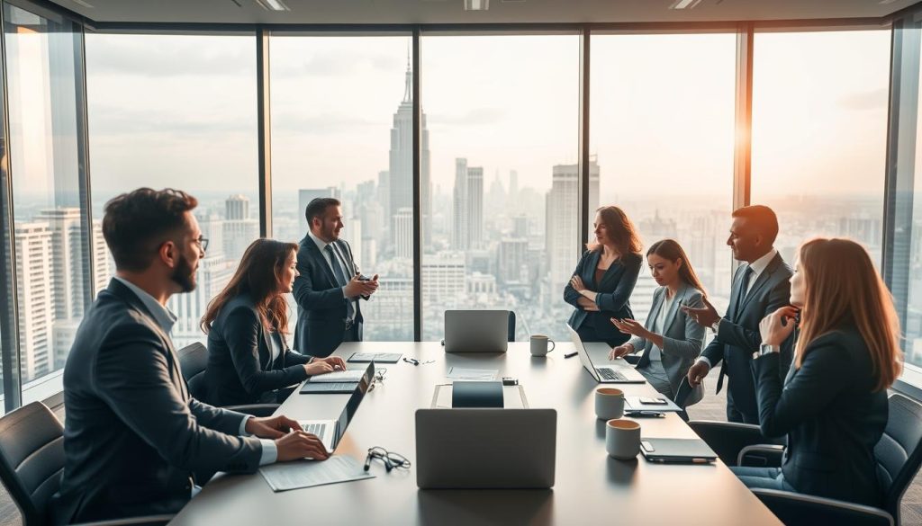 A dynamic scene capturing the essence of flexibility and independence in the "portage salarial" system. In the foreground, a diverse group of professionals, dressed in smart business attire, are engaged in discussions, exchanging ideas about projects and clients. In the middle ground, a large conference table set with laptops, documents, and coffee cups symbolizes collaborative teamwork. The background features a large window with a panoramic city view, showcasing a modern skyline, reflecting the opportunities available to freelancers. Soft, natural lighting streams in, creating a warm and inviting atmosphere. The overall mood is one of empowerment and creativity, emphasizing the freedom professionals have to choose their clients and projects. Incorporate the branding of "Umalis Group" subtly in the design elements. A dynamic scene capturing the essence of flexibility and independence in the "portage salarial" system. In the foreground, a diverse group of professionals, dressed in smart business attire, are engaged in discussions, exchanging ideas about projects and clients. In the middle ground, a large conference table set with laptops, documents, and coffee cups symbolizes collaborative teamwork. The background features a large window with a panoramic city view, showcasing a modern skyline, reflecting the opportunities available to freelancers. Soft, natural lighting streams in, creating a warm and inviting atmosphere. The overall mood is one of empowerment and creativity, emphasizing the freedom professionals have to choose their clients and projects. Incorporate the branding of "Umalis Group" subtly in the design elements.