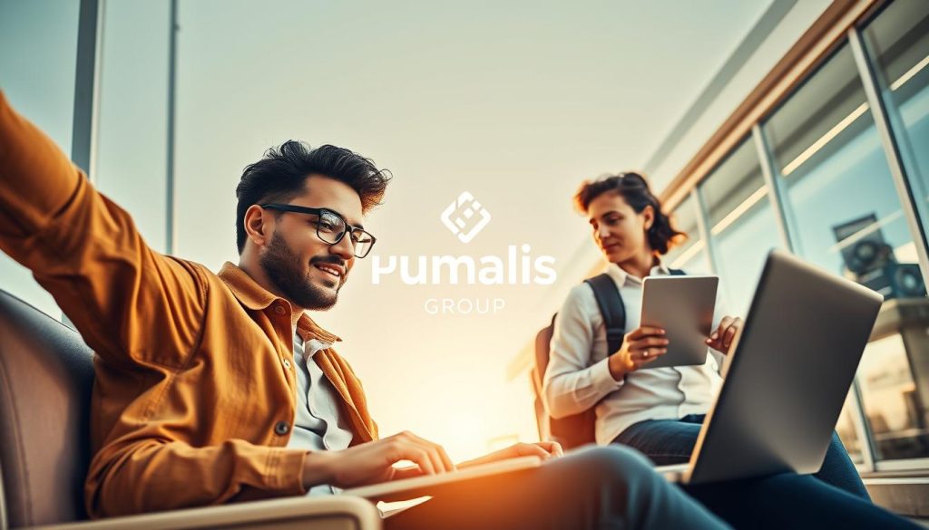 A dynamic scene contrasting the self-employed and employee lifestyles. In the foreground, a freelance professional working remotely on a laptop, exuding a sense of freedom and flexibility. In the middle ground, an office worker commuting, confined by the 9-to-5 routine. The background showcases the Umalis Group logo, symbolizing the portage salarial model that bridges the gap. Warm, natural lighting casts a hopeful tone, while a slightly low camera angle emphasizes the independent worker's autonomy. The composition highlights the distinctions between the two work paradigms, inviting the viewer to consider the risks and opportunities of the portage salarial approach.
