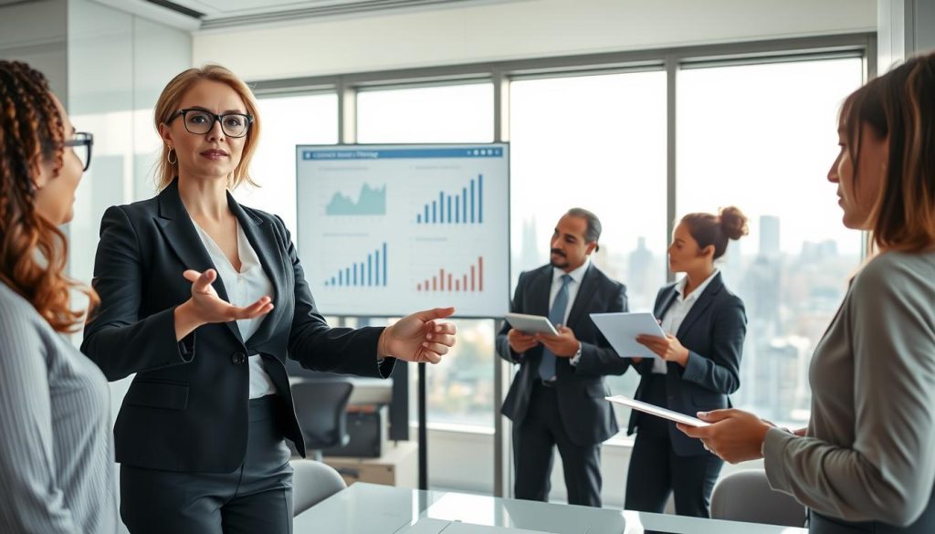 A dynamic scene depicting a group of five diverse professionals in a modern office setting, engaged in a collaborative meeting. In the foreground, a confident woman in professional business attire gestures towards a large screen displaying graphs and charts representing client success stories. A man with glasses, taking notes, appears deep in thought. In the middle ground, two colleagues discuss ideas, one holding a tablet and the other pointing to a document. The background features a panoramic window revealing a city skyline, enhancing the atmosphere of corporate success. Soft natural light floods the room, creating an inspiring and productive mood. Include subtle branding elements related to "UMALIS GROUP" on the presentation screen, ensuring a blend of professionalism and modernity.
