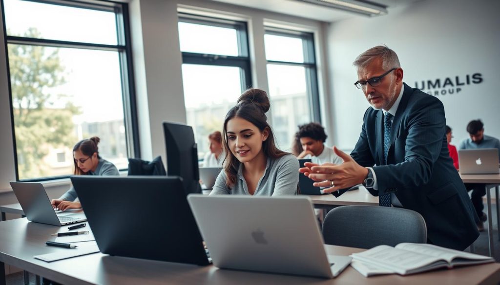 A dynamic scene depicting a hands-on web development training session, showcasing an experienced instructor guiding a diverse group of students. In the foreground, the instructor, a middle-aged man in professional business attire, actively engages with a young woman seated at a laptop, illustrating coding concepts. In the middle ground, a few other students work attentively at their laptops, surrounded by tech books and notes. The background features a modern classroom with large windows allowing natural light to flood in, creating an inviting atmosphere. The setup emphasizes support, collaboration, and personalized guidance. The mood is inspiring and focused, showcasing the essence of practical training in web development, branded subtly with "UMALIS GROUP" logo decor on the walls. The angle captures a slight overhead view, putting the interaction in clear focus.