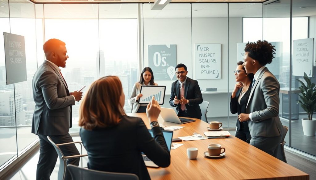 A dynamic scene depicting a professional office setting illustrating the impact of "portage salarial" on career development. In the foreground, a diverse group of three professionals in business attire engaged in a lively discussion, with one person presenting a graph on a digital tablet. In the middle, a large conference table with laptops, papers, and coffee cups, surrounded by glass walls showcasing a modern cityscape outside. The background features a bright, well-lit office with motivational posters about entrepreneurship. Soft, natural lighting streaming in from the windows creates an inspiring atmosphere. The mood is collaborative and optimistic, emphasizing the empowering aspect of entrepreneurial potential in the context of salaries and compliance. A dynamic scene depicting a professional office setting illustrating the impact of "portage salarial" on career development. In the foreground, a diverse group of three professionals in business attire engaged in a lively discussion, with one person presenting a graph on a digital tablet. In the middle, a large conference table with laptops, papers, and coffee cups, surrounded by glass walls showcasing a modern cityscape outside. The background features a bright, well-lit office with motivational posters about entrepreneurship. Soft, natural lighting streaming in from the windows creates an inspiring atmosphere. The mood is collaborative and optimistic, emphasizing the empowering aspect of entrepreneurial potential in the context of salaries and compliance.