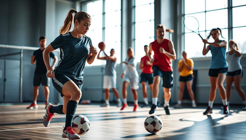 A dynamic scene depicting a professional sports setting, showcasing a diverse group of athletes engaged in various sports activities, such as soccer, basketball, and tennis. In the foreground, a focused female soccer player in a stylish sports kit is performing a skillful dribble, displaying determination. In the middle ground, a male basketball player prepares to shoot, while a female tennis player practices her swing, all depicted in dynamic poses that convey motion. The background features a modern sports facility with bright, natural light streaming through large windows, enhancing the energetic atmosphere. The image captures a sense of dedication and professionalism in sports, with a vivid color palette that emphasizes the spirit of teamwork and competition. The overall mood is inspiring and engaging, reflecting the passion and commitment of professional athletes. A dynamic scene depicting a professional sports setting, showcasing a diverse group of athletes engaged in various sports activities, such as soccer, basketball, and tennis. In the foreground, a focused female soccer player in a stylish sports kit is performing a skillful dribble, displaying determination. In the middle ground, a male basketball player prepares to shoot, while a female tennis player practices her swing, all depicted in dynamic poses that convey motion. The background features a modern sports facility with bright, natural light streaming through large windows, enhancing the energetic atmosphere. The image captures a sense of dedication and professionalism in sports, with a vivid color palette that emphasizes the spirit of teamwork and competition. The overall mood is inspiring and engaging, reflecting the passion and commitment of professional athletes.