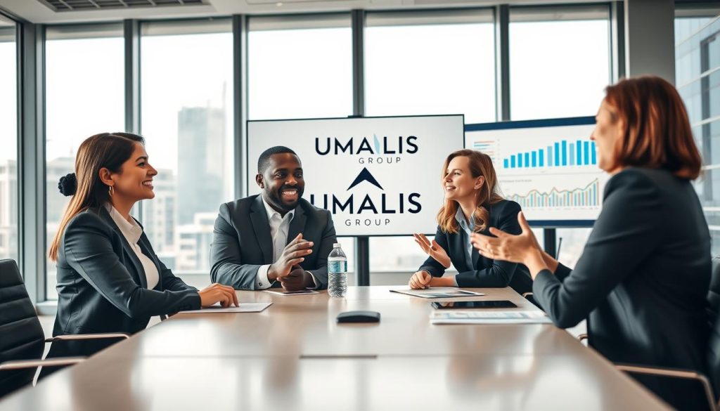 A dynamic scene depicting a recent forum on "portage salarial," featuring a diverse group of professional individuals engaged in animated discussions. In the foreground, a diverse trio—an Asian woman, a Black man, and a Caucasian woman—are exchanging insights while seated around a modern conference table, each dressed in smart business attire. The middle ground showcases a well-lit, contemporary meeting room filled with charts and graphs on digital displays, emphasizing the theme of shared experiences in independent work. The background reveals a large window with a cityscape view, allowing natural light to flood in, creating an energetic and collaborative atmosphere. The overall mood is optimistic and insightful, reflecting a professional yet approachable environment. A subtle branding element, the logo for "UMALIS GROUP," is featured prominently on a screen in the background.