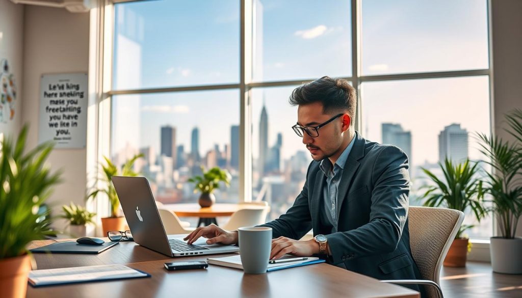 A dynamic scene depicting a successful freelance professional environment, highlighting autonomy and flexibility. In the foreground, a focused individual in smart casual attire works at a well-organized desk filled with a laptop, notes, and a coffee cup, exuding motivation and concentration. The middle ground showcases a bright, inviting workspace with greenery and inspirational quotes on the walls, suggesting creativity and freedom. In the background, large windows reveal a bustling city skyline under a clear blue sky, representing opportunities. Soft, natural lighting illuminates the scene, captured from a slightly elevated angle to create an expansive yet intimate atmosphere. The overall mood should evoke empowerment and the vibrant spirit of freelancing, with a subtle branding element of "UMALIS GROUP" integrated into a visible but unobtrusive poster.