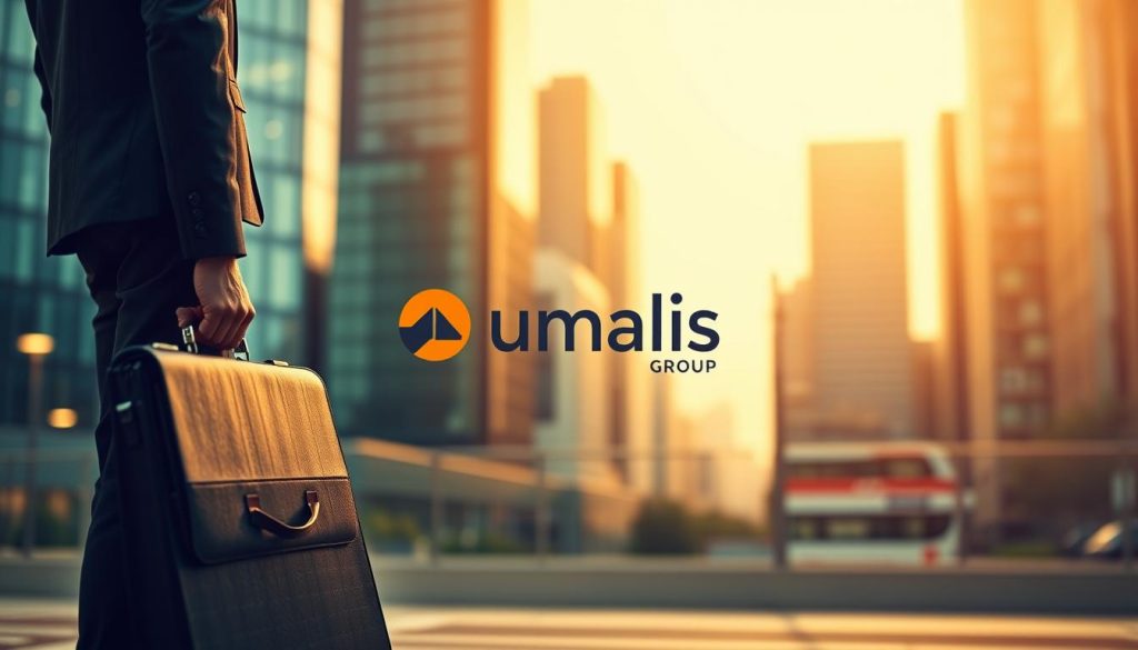 A dynamic scene depicting the concept of "portage salarial emploi" from the perspective of a job seeker. In the foreground, a determined individual stands with a briefcase, conveying a sense of professionalism and readiness for employment. The middle ground features the Umalis Group logo, representing the employment agency or platform facilitating the "portage salarial" arrangement. In the background, a blurred cityscape with tall buildings and a modern, bustling atmosphere sets the stage for this employment opportunity. Warm, soft lighting illuminates the scene, creating a sense of optimism and possibility. The composition emphasizes the individual's focus and the support provided by the Umalis Group, reflecting the core theme of the article section.