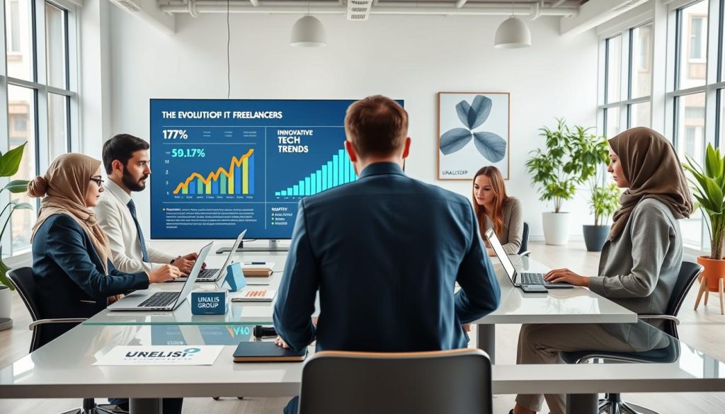A dynamic scene depicting the evolution of IT freelancers in a modern workspace environment. In the foreground, a diverse group of professionals, dressed in business attire and modest casual clothing, engages in a collaborative discussion around a high-tech table with laptops, charts, and digital devices. The middle ground features a large screen displaying growth statistics and innovative tech trends, symbolizing the future of freelance work in IT. The background reveals a bright, open office space with large windows, plants, and motivational artwork. Soft, natural lighting floods the area, creating an atmosphere of optimism and professionalism. The image subtly incorporates the brand name "UMALIS GROUP" into the presentation materials on the table, enhancing the sense of a thriving freelance community.