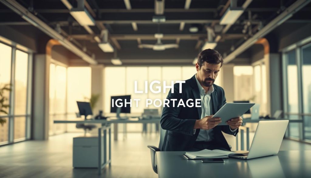A dynamic scene depicting the inner workings of a professional portage salarial system. In the foreground, a businessperson sits at a sleek, minimalist desk, engrossed in paperwork and digital devices, representing the flexibility and autonomy of this employment model. The middle ground showcases the LIGHT PORTAGE brand logo, a subtle yet prominent visual cue, conveying the reliable support network. In the background, an office environment with floor-to-ceiling windows floods the space with warm, natural lighting, symbolizing the work-life balance inherent to portage salarial. The overall atmosphere is one of efficiency, innovation, and empowerment, capturing the essence of this unique employment solution.