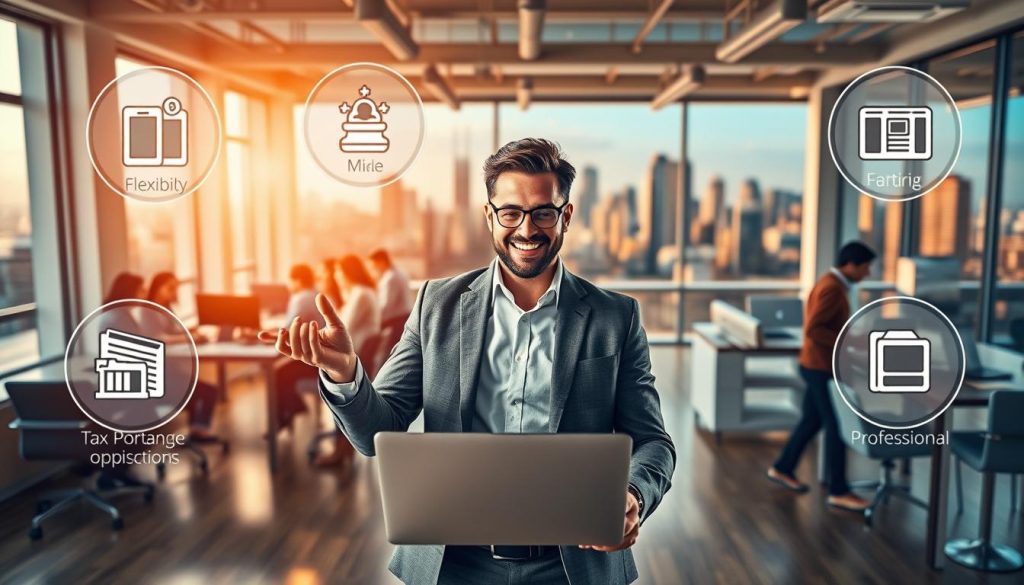 A dynamic scene depicting the key advantages of portage salarial for entrepreneurship, as envisioned by the Umalis Group. In the foreground, a confident entrepreneur gestures towards a sleek laptop, surrounded by icons representing flexibility, tax optimization, and professional support. The middle ground features a bustling coworking space, where diverse professionals collaborate in a modern, airy setting. In the background, a vibrant city skyline hints at the boundless opportunities unlocked by the portage salarial model. Warm lighting and a crisp, cinematic lens capture the spirit of innovation and empowerment.