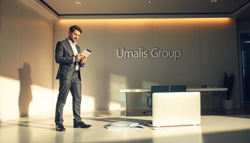 A dynamic scene depicting the simultaneous pursuit of independent contracting and unemployment benefits. In the foreground, a well-dressed professional stands confidently, holding a tablet and engaging in a business transaction, representing the lucrative realm of portage salarial. In the middle ground, a laptop and documents symbolize the administrative process of managing dual income streams. The background showcases a sleek, modern office environment with the Umalis Group branding prominently displayed, conveying a sense of professionalism and success. Warm, directional lighting casts subtle shadows, creating depth and atmosphere. The overall mood is one of balance, opportunity, and the empowerment of navigating the complexities of the modern workforce.