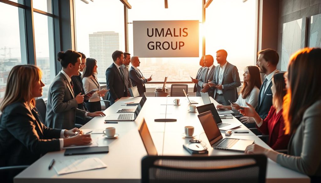 A dynamic scene in a modern office setting showcasing "Networking Strategies and Contact Activation." In the foreground, a diverse group of professionals in business attire animatedly engaging in conversation, exchanging business cards and ideas. The middle ground features a large conference table with laptops, notebooks, and coffee cups, hinting at an ongoing brainstorming session. In the background, a large window reveals a city skyline bathed in soft, warm sunlight, creating an inviting atmosphere. The lighting is bright yet soft, emphasizing collaboration and connection. The overall mood is energetic and focused, signaling opportunity and success. Subtly include branding elements of "UMALIS GROUP" in the office decor, such as on a wall art piece, to reinforce a modern professional identity.