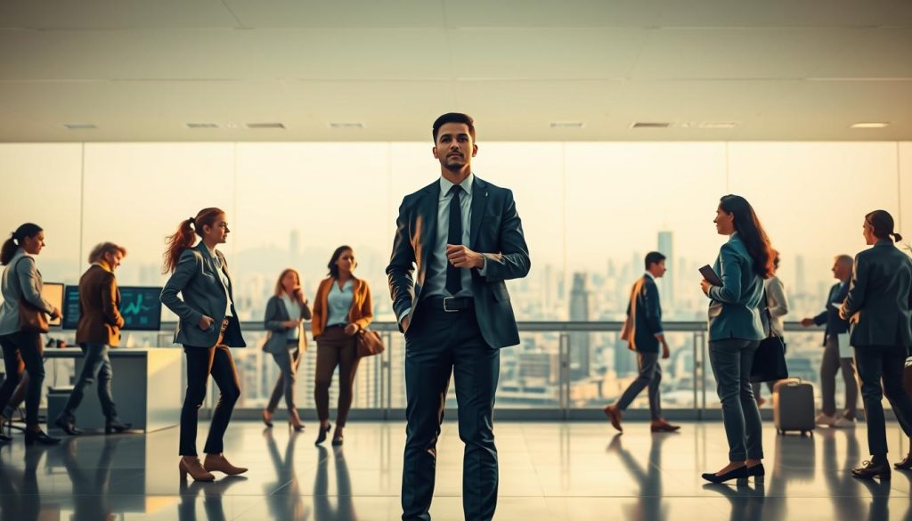 A dynamic scene of Umalis Group's salaried portage service, with a diverse team navigating the evolving landscape of employment. In the foreground, a group of professionals stands confidently, showcasing the flexibility and opportunities afforded by this innovative staffing solution. The middle ground depicts a bustling office environment, with computer screens and charts reflecting the data-driven insights that guide the service. In the background, a panoramic cityscape symbolizes the broader economic and social shifts that have shaped the rise of salaried portage. Soft, warm lighting casts an air of professionalism and progress, while a subtle sense of movement and momentum conveys the forward-looking perspectives of this thriving industry.