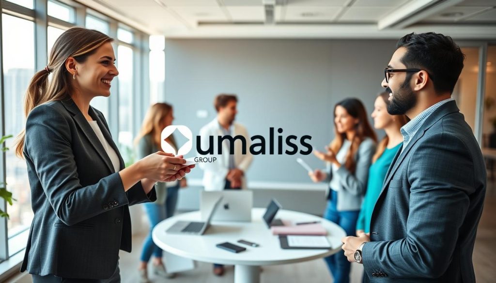 A dynamic scene showcasing a diverse group of professionals in a bright, modern office setting, engaged in networking and collaboration. In the foreground, two individuals in professional attire—one woman in a tailored blazer and one man in smart casual wear—are exchanging business cards with genuine smiles. In the middle ground, a round table is occupied by three other professionals discussing strategies, with laptops and notepads in front of them, emphasizing a collaborative atmosphere. The background features a large window overlooking a cityscape, allowing natural light to flood the space, creating a warm and inviting environment. The ambiance is focused and optimistic, conveying the energy of successful outreach and professional networking, with the brand name "Umalis Group" subtly incorporated into the office decor. A dynamic scene showcasing a diverse group of professionals in a bright, modern office setting, engaged in networking and collaboration. In the foreground, two individuals in professional attire—one woman in a tailored blazer and one man in smart casual wear—are exchanging business cards with genuine smiles. In the middle ground, a round table is occupied by three other professionals discussing strategies, with laptops and notepads in front of them, emphasizing a collaborative atmosphere. The background features a large window overlooking a cityscape, allowing natural light to flood the space, creating a warm and inviting environment. The ambiance is focused and optimistic, conveying the energy of successful outreach and professional networking, with the brand name "Umalis Group" subtly incorporated into the office decor.