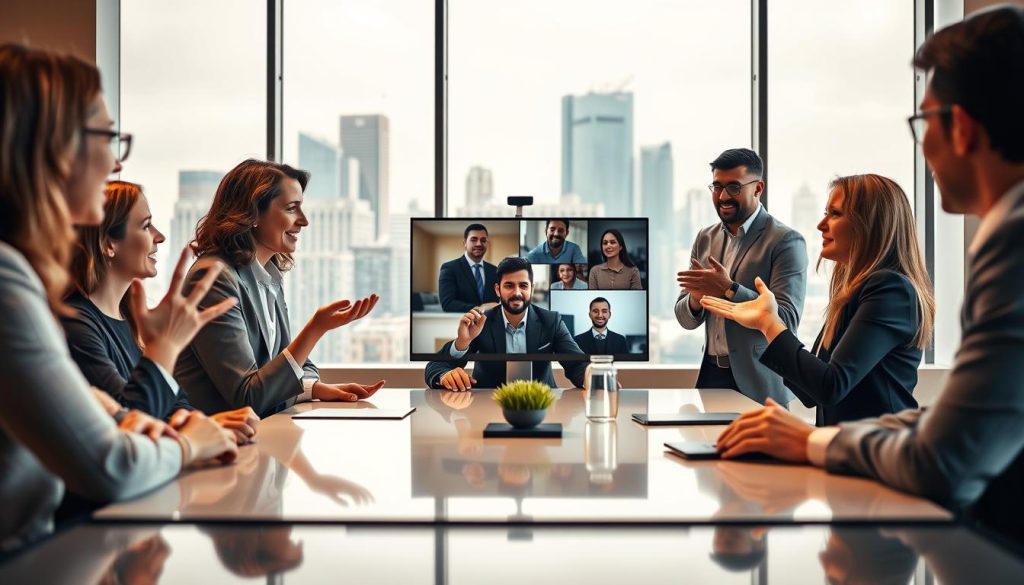 A dynamic scene showcasing communication and client interactions for a consulting business. In the foreground, a team of Umalis Group consultants engage in a lively discussion, gesturing and exchanging ideas around a sleek conference table. The middle ground features a client video call, the participants' faces expressing engaged collaboration. In the background, a large window overlooks a bustling city skyline, conveying a sense of professional, high-tech atmosphere. Warm, directional lighting emphasizes the faces and body language, creating a polished, modern aesthetic. The overall mood is one of productive, efficient teamwork and effective client outreach.