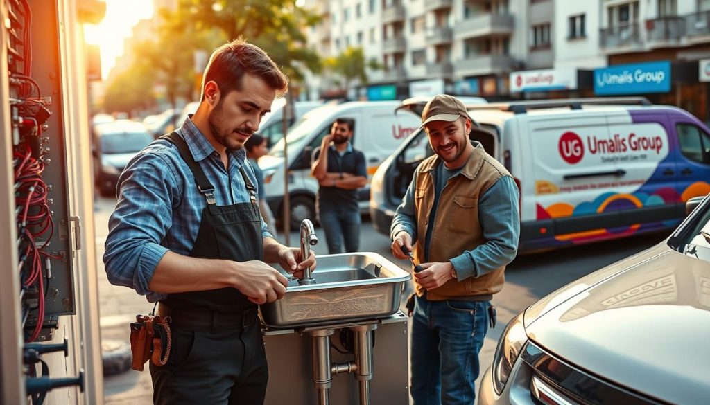 A dynamic scene showcasing hands-on trades and mobile services, featuring a diverse group of independent professionals. In the foreground, a skilled electrician in a professional business attire, working diligently on a panel, while a proud plumber in modest casual clothing makes a repair on a nearby sink. In the middle area, a mobile mechanic is seen servicing a vehicle, tools organized neatly around him. The background depicts a bustling urban environment, with service vans branded with "Umalis Group" parked nearby, emphasizing mobility and accessibility. The lighting is warm and inviting, suggesting a late afternoon glow, with soft shadows adding depth. The mood is industrious and optimistic, conveying a sense of reliable, steady work and community engagement.