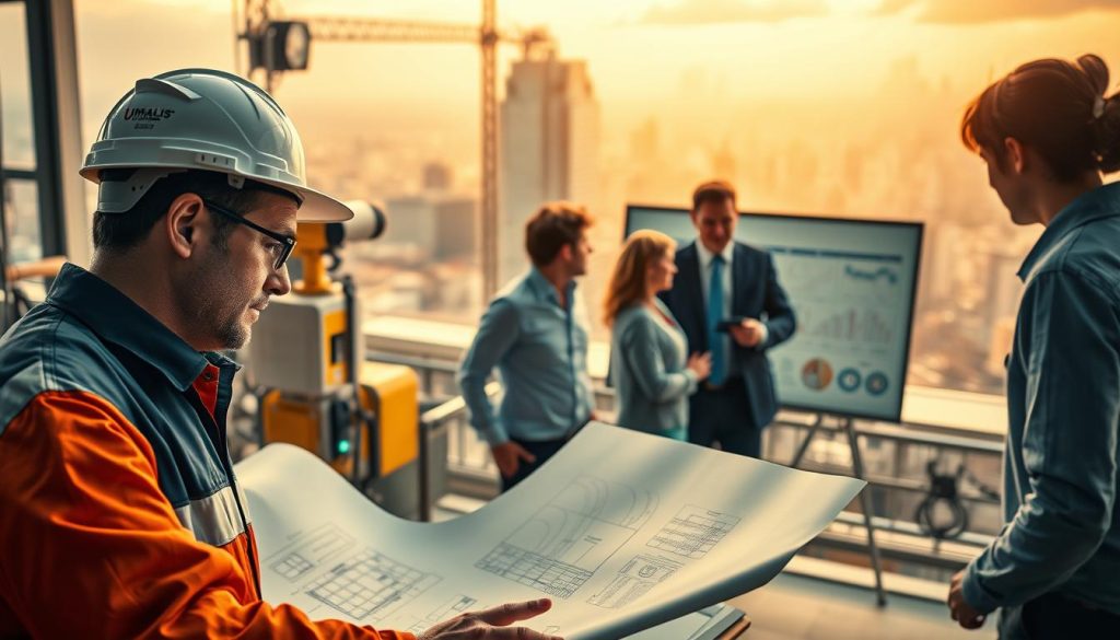 A dynamic scene showcasing key sectors suitable for "portage salarial". In the foreground, an engineer examines blueprints, surrounded by technical equipment. In the middle ground, project managers collaborate on a digital whiteboard, representing the management and consulting fields. The background features a bustling cityscape, symbolizing the diverse industries encompassed by the "Umalis Group" umbrella. Warm lighting accentuates the professional atmosphere, while a slight cinematic angle adds depth and drama to the composition.