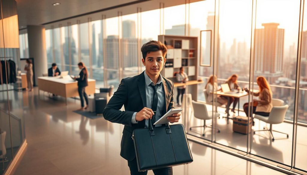 A dynamic scene showcasing the Umalis Group's professional portage salarial service for young individuals. In the foreground, a young entrepreneur confidently navigates a sleek, modern office, surrounded by the tools of their trade - a laptop, notepad, and a stylish briefcase. In the middle ground, various collaborative workspaces are visible, where young professionals engage in lively discussions and brainstorming sessions. The background depicts a vibrant, urban landscape, with skyscrapers and the bustling energy of a thriving business district. The lighting is warm and inviting, creating a sense of professionalism and opportunity. The overall atmosphere conveys the empowerment and growth potential that the Umalis Group's portage salarial service provides for the next generation of young entrepreneurs.