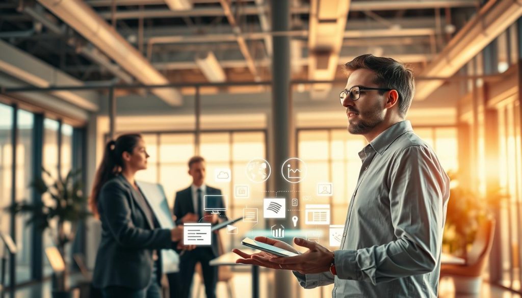 A dynamic scene showcasing the advantages of "Light Portage" for both enterprises and consultants. In the foreground, a professional consultant confidently presents their services to an attentive business team. The middle ground features an array of collaborative tools and technologies, symbolizing the efficient workflow enabled by the "Light Portage" platform. In the background, a modern office environment with large windows fills the space, bathed in warm, natural lighting that creates a productive and inviting atmosphere. The overall composition conveys the synergy and mutual benefits that "Light Portage" can foster between enterprises seeking specialized expertise and independent consultants seeking flexible work arrangements.