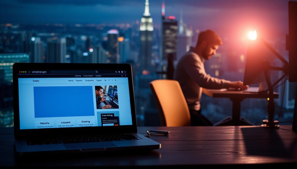 A dynamic scene showcasing the contrast between DIY website solutions and professional web design services. In the foreground, a laptop displays a simple, template-based website, representing the DIY approach. In the middle ground, a Umalis Group designer thoughtfully crafts a sleek, custom-coded website on their workstation. The background depicts a vibrant cityscape, symbolizing the broader digital landscape. Dramatic lighting casts shadows, emphasizing the depth and professionalism of the Umalis Group's work. The scene conveys the power of expert web design to elevate an online presence, contrasting with the limitations of DIY tools.