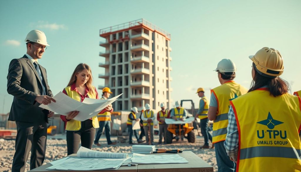 A dynamic scene showcasing various construction professionals engaged in skilled activities, emphasizing the diverse métiers eligible and non-eligible for portage salarial in the building sector. In the foreground, a male architect in business attire reviews blueprints on a construction site, while a female engineer inspects machinery, both demonstrating professionalism and collaboration. The middle ground features a group of workers, in safety gear, operating heavy machinery and discussing plans over a table, symbolizing teamwork. In the background, a partially constructed building can be seen under a clear blue sky, signifying growth and development. Soft, natural lighting enhances the scene, capturing the industrious spirit of the BTP sector. The image subtly incorporates the logo of "UMALIS GROUP" on safety vests, ensuring branding is present yet unobtrusive.