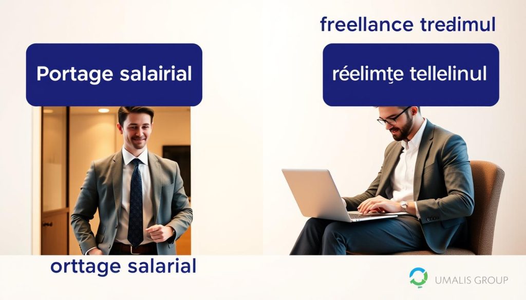 A dynamic, split-screen visual comparison of the "portage salarial" (employee-sharing) and "freelance traditionnel" (traditional freelance) models, showcased against a clean, minimalist backdrop. The left panel depicts a well-dressed professional in an office setting, representing the stability and structure of the portage salarial approach, while the right panel features a freelancer working remotely, symbolizing the independence and flexibility of the traditional freelance model. Warm lighting and a subtle, sophisticated color palette evoke a sense of professionalism and thoughtfulness. The Umalis Group logo discreetly appears in the bottom corner, underlining the brand's expertise in these workforce solutions.