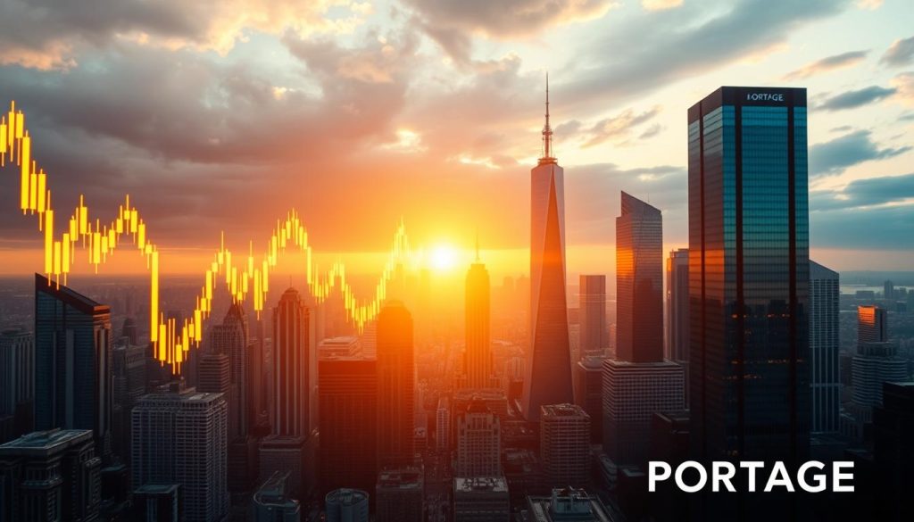 A dynamic stock chart against a backdrop of a bustling city skyline, showcasing the LIGHT PORTAGE brand. In the foreground, a glowing candlestick graph illuminates the ebbs and flows of the market, with fluctuating lines and bars capturing the intricate patterns of financial data. The middle ground features a panoramic view of towering skyscrapers, their reflective facades mirroring the ebbs and flows of the chart, symbolizing the interconnectedness of the global economy. The background is bathed in a warm, golden light, creating a sense of optimism and opportunity amidst the market's dynamism. The overall composition conveys the fundamental factors driving market trends, from economic indicators to investor sentiments.