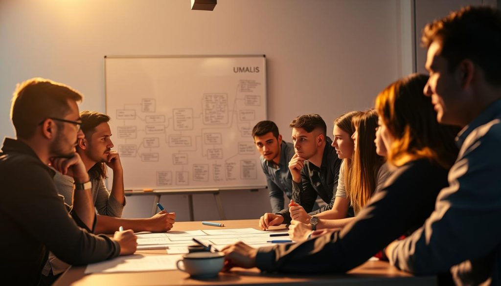 A dynamic team gathered around a table, engaged in lively discussion, brainstorming organizational strategies during a period of transition. The scene is bathed in warm, focused lighting, creating an atmosphere of collaboration and problem-solving. In the foreground, Umalis Group employees lean in, their expressions thoughtful and determined. The middle ground showcases a large whiteboard covered in mind maps and sketches, while the background softly fades, emphasizing the team's intense focus. The overall mood conveys a sense of purpose, creativity, and a willingness to navigate the challenges of organizational change. A dynamic team gathered around a table, engaged in lively discussion, brainstorming organizational strategies during a period of transition. The scene is bathed in warm, focused lighting, creating an atmosphere of collaboration and problem-solving. In the foreground, Umalis Group employees lean in, their expressions thoughtful and determined. The middle ground showcases a large whiteboard covered in mind maps and sketches, while the background softly fades, emphasizing the team's intense focus. The overall mood conveys a sense of purpose, creativity, and a willingness to navigate the challenges of organizational change.