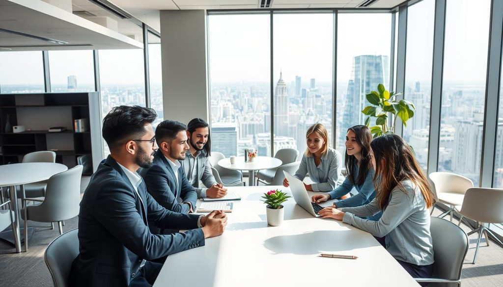 A dynamic team of professionals collaborating in a modern, well-lit coworking space. In the foreground, stylishly dressed individuals sit around a large table, engaged in animated discussion. The middle ground showcases a blend of open work areas and private meeting nooks, infused with a sense of productivity and camaraderie. In the background, floor-to-ceiling windows offer a panoramic view of a bustling city skyline, symbolizing the boundless opportunities available through professional networks and the UMALIS GROUP's salarial portage services. The overall atmosphere radiates a harmonious blend of security, creativity, and possibility.