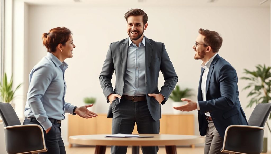 A dynamic three-way collaboration model, showcasing a business consulting firm (Umalis Group) in the center, flanked by a client on the left and a contractor on the right. The scene is set in a modern, minimalist office environment with clean lines, natural lighting, and a subtle color palette. The three figures are engaged in a lively discussion, their body language and facial expressions conveying a sense of cooperation, problem-solving, and mutual understanding. The overall atmosphere reflects the efficiency and synergy of the "portage salarial" arrangement, where the consulting firm seamlessly facilitates the client-contractor relationship.