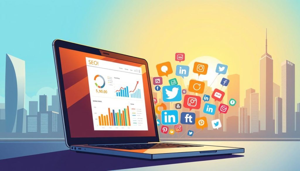 A dynamic, vibrant collage showcasing the intersection of SEO and social media strategy. In the foreground, a laptop screen displays website analytics and social media metrics, bathed in a warm, golden light. The middle ground features diverse social media platforms represented by colorful, stylized icons - Facebook, Twitter, Instagram, LinkedIn - arranged in a visually striking pattern. In the background, a city skyline with sleek, modern skyscrapers symbolizes the global reach and impact of digital marketing. The overall tone is one of energy, innovation, and the synergistic power of integrating search optimization and social media tactics to enhance online visibility.