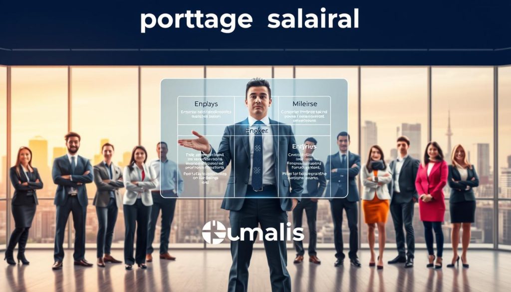 A dynamic, vibrant image showcasing "portage salarial" in a visually compelling way. In the foreground, a diverse group of professionals, representing different industries and backgrounds, stand confidently in a modern, minimalist office setting. The middle ground features a central figure, clad in business attire, gesturing towards a sleek, holographic display that illustrates the various employment statuses, including "portage salarial" and how they compare. The background is a warm, urban cityscape, with the Umalis Group logo prominently displayed, reflecting the company's role in providing this unique employment solution. The overall mood is one of professionalism, innovation, and the empowerment of the modern workforce.