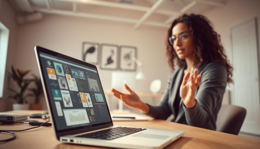 A dynamic, well-lit scene showcasing the key skills of a successful freelancer. In the foreground, a Light Portage laptop computer displays various digital tools and software, representing the technical expertise required. The middle ground features a freelancer working intently, their hands gesturing with purpose as they navigate a complex project. In the background, a minimalist office space with clean lines and modern decor, conveying an atmosphere of focus and professionalism. Warm, directional lighting illuminates the scene, casting subtle shadows and highlighting the freelancer's dedicated expression. This image encapsulates the versatility, adaptability, and specialized capabilities needed to thrive as a freelance professional.