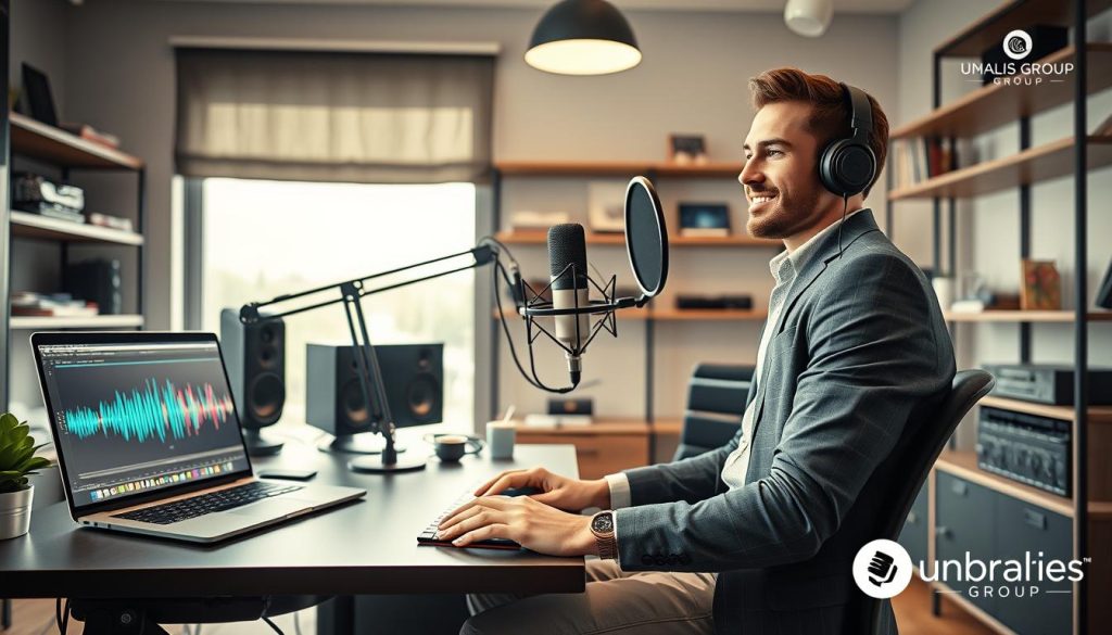 A dynamic workspace scene depicting a professional freelance voice artist in a modern home office, showcasing audio voice media. In the foreground, the artist, dressed in smart casual attire, is seated at a sleek desk with a high-quality microphone and headphones. On the desk, colorful sound wave visualizations are visible on a laptop screen, hinting at audio editing software. The middle ground features shelves lined with audio equipment and creative materials like sound mixers and notebooks. The background includes a large window allowing soft, natural light to flood the room, contributing to an inviting atmosphere. The mood is focused and vibrant, reflecting creativity in the creator economy, with subtle elements indicating the Umalis Group brand integrated into the décor.