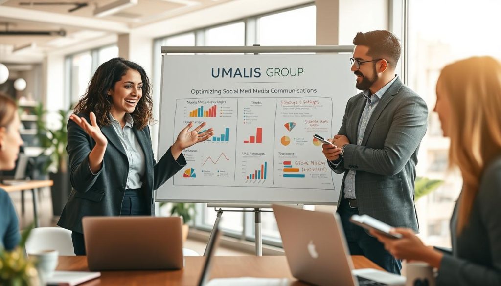 A dynamic workspace scene featuring a diverse group of professionals engaged in a lively discussion about optimizing social media communication. In the foreground, a woman in smart business attire gestures enthusiastically while presenting ideas on her laptop. Next to her, a man in a casual yet professional outfit takes notes on a notepad. In the middle, a whiteboard displays colorful graphs and strategies for enhancing online presence, with the brand name "UMALIS GROUP" prominently showcased. In the background, an open office setting with large windows allows soft natural light to flood the space, creating an inspiring and collaborative atmosphere. Utilize a slightly elevated angle to capture the interaction clearly, using warm lighting to evoke a sense of motivation and creativity.