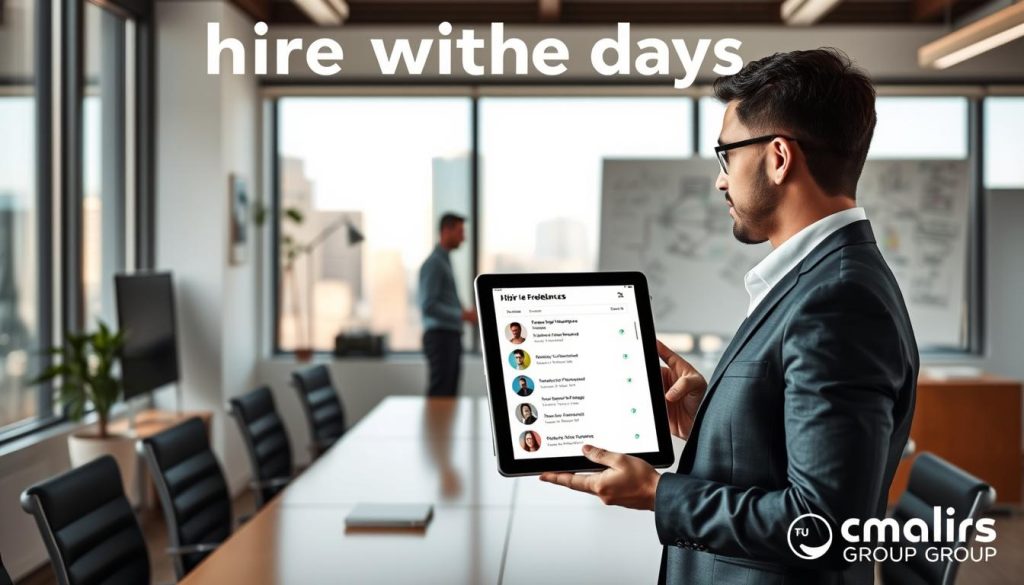 A dynamic workspace scene illustrating the concept of "hire within days." In the foreground, a professional-looking individual in business attire reviews a digital tablet, displaying a shortlist of qualified freelancers. In the middle, a sleek, modern office environment with a large window showcasing a bright cityscape, reflecting the promise of quick project initiation. The background features a whiteboard with diagrams and ideas written in bold, colorful markers, suggesting efficient brainstorming and planning. Soft, natural lighting floods the space, positioning the focus on the individual and the tablet. The atmosphere is energetic and optimistic, embodying the fast-paced nature of freelance hiring. Include subtle branding elements of "Umalis Group" seamlessly integrated into the office decor. A dynamic workspace scene illustrating the concept of "hire within days." In the foreground, a professional-looking individual in business attire reviews a digital tablet, displaying a shortlist of qualified freelancers. In the middle, a sleek, modern office environment with a large window showcasing a bright cityscape, reflecting the promise of quick project initiation. The background features a whiteboard with diagrams and ideas written in bold, colorful markers, suggesting efficient brainstorming and planning. Soft, natural lighting floods the space, positioning the focus on the individual and the tablet. The atmosphere is energetic and optimistic, embodying the fast-paced nature of freelance hiring. Include subtle branding elements of "Umalis Group" seamlessly integrated into the office decor.
