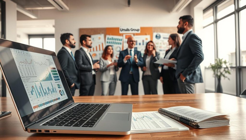 A dynamic workspace scene illustrating "أدوات المحاكاة لحساب الدخل الشهري." In the foreground, a sleek modern laptop displays detailed financial spreadsheets and graphical simulations, while a notepad with handwritten calculations is nearby. The middle ground features a diverse group of professionals in business attire, discussing and analyzing the data enthusiastically. They are surrounded by colorful charts and graphs pinned on a corkboard. The background reveals a bright, open office space with large windows letting in natural light, creating an inviting atmosphere. This professional setting conveys a mood of collaboration and innovation. Incorporate the brand name "Umalis Group" subtly on a wall poster in the office. The image should have warm lighting, shot from a slightly elevated angle for a comprehensive view. A dynamic workspace scene illustrating "أدوات المحاكاة لحساب الدخل الشهري." In the foreground, a sleek modern laptop displays detailed financial spreadsheets and graphical simulations, while a notepad with handwritten calculations is nearby. The middle ground features a diverse group of professionals in business attire, discussing and analyzing the data enthusiastically. They are surrounded by colorful charts and graphs pinned on a corkboard. The background reveals a bright, open office space with large windows letting in natural light, creating an inviting atmosphere. This professional setting conveys a mood of collaboration and innovation. Incorporate the brand name "Umalis Group" subtly on a wall poster in the office. The image should have warm lighting, shot from a slightly elevated angle for a comprehensive view.