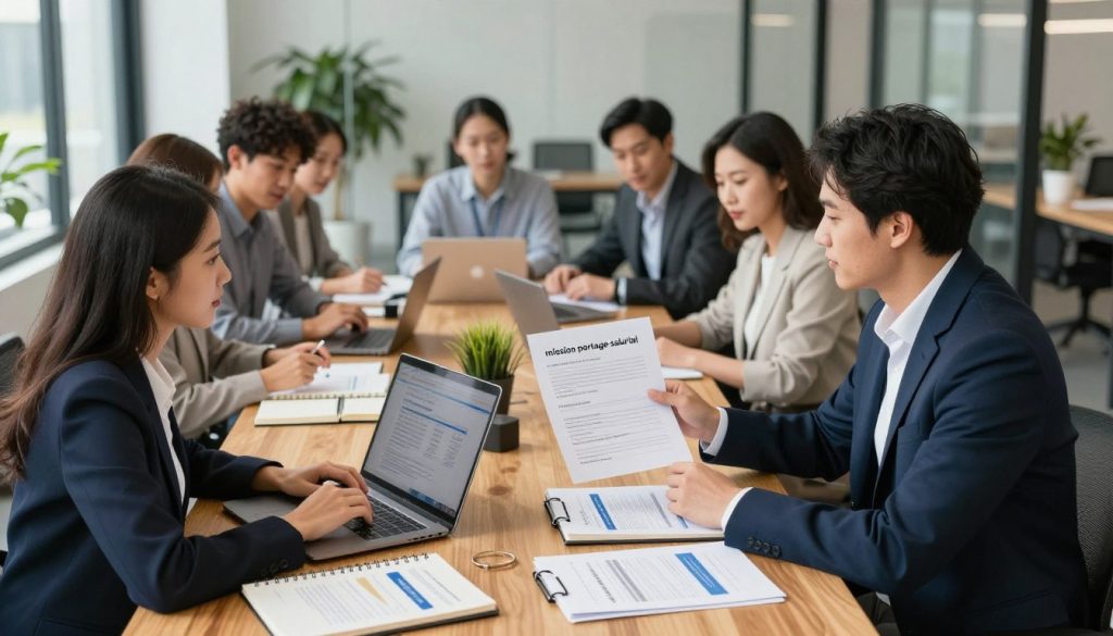 A dynamic workspace scene showcasing a diverse group of professionals preparing for a "mission portage salarial". In the foreground, a woman in smart business attire is discussing project details with a man in a tailored suit, both focused and engaged. The middle layer features a large wooden table filled with laptops, notebooks, and documents outlining services and project proposals, indicating preparation for a professional journey. The background presents a modern office with glass walls, plants, and soft natural lighting streaming in, creating a bright and optimistic atmosphere. The scene conveys collaboration and readiness for starting a successful freelance mission, with a sense of professionalism and focus.