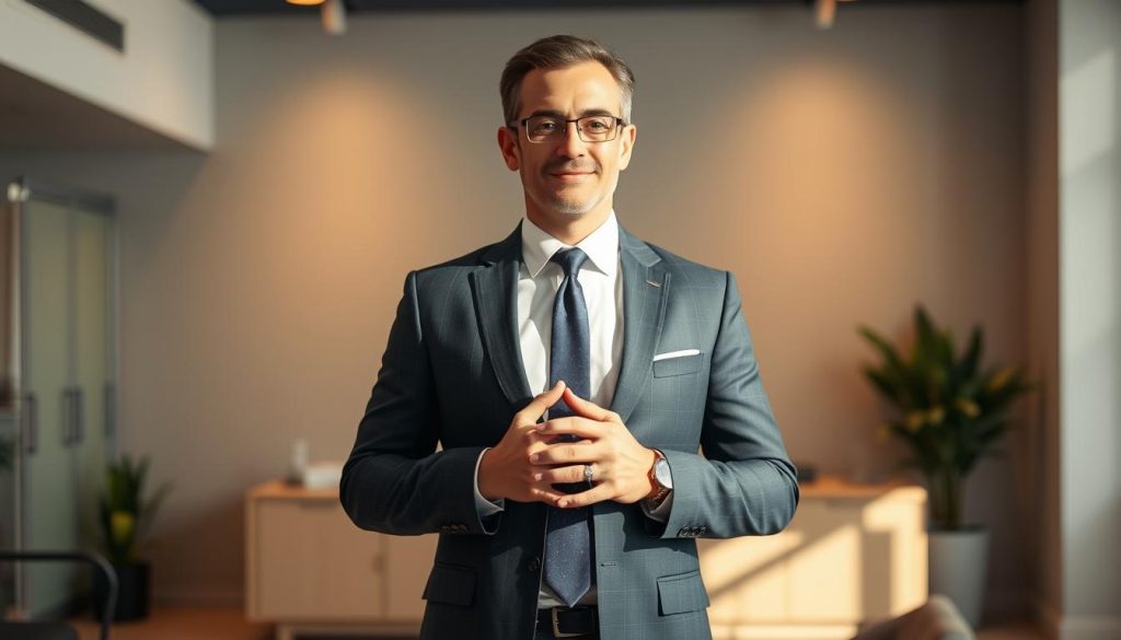 A financial consultant for Umalis Group stands in a modern office, wearing a sharp suit and tie. The consultant's hands are clasped in a contemplative pose, conveying expertise and professionalism. Warm, directional lighting illuminates the scene, casting subtle shadows and highlighting the consultant's confident expression. The background features a minimalist, contemporary decor with clean lines and a neutral color palette, emphasizing the focus on the financial consultant. The overall atmosphere radiates a sense of trust, reliability, and financial guidance.