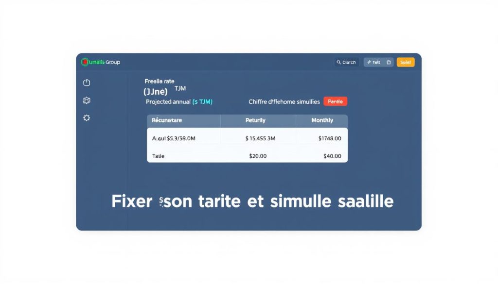 A financial dashboard displaying the key metrics for a freelance salary, including the hourly rate (TJM), projected annual revenue (chiffre d'affaires), and simulated monthly take-home pay (paie). The dashboard is set against a minimalist, clean background with a subtle grid pattern, evocative of a spreadsheet or accounting software. The Umalis Group logo is prominently featured, conveying the authoritative, professional nature of the information presented. The overall mood is one of clarity, precision, and confidence in the salarial data, perfectly suited to illustrate the "Fixer son tarif et simuler son salaire" section of the article.