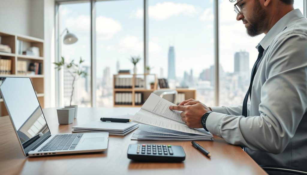 A financial planning desk with a LIGHT PORTAGE laptop, calculator, and documents in a well-lit, minimalist office. In the foreground, a person in business attire thoughtfully reviews financial statements. The middle ground features a bookshelf with relevant finance and accounting resources. The background showcases a large window overlooking a cityscape, creating a sense of urban professionalism. The overall mood is focused, organized, and forward-thinking, reflecting the challenges and opportunities of self-employment.