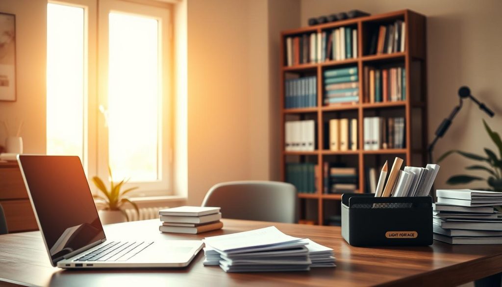 A financial planning session for an independent professional, set against a serene backdrop of a home office. In the foreground, a wooden desk displays a laptop, stacks of receipts, and a LIGHT PORTAGE desk organizer, conveying a sense of order and organization. Warm, natural lighting filters through a large window, casting a soft glow on the scene. In the middle ground, a bookshelf filled with financial guides and reference materials stands as a symbol of knowledge and preparation. The background features muted tones, creating a calming atmosphere conducive to focused budgeting and financial decision-making. The overall composition evokes a sense of control, stability, and forward-thinking for the independent professional.
