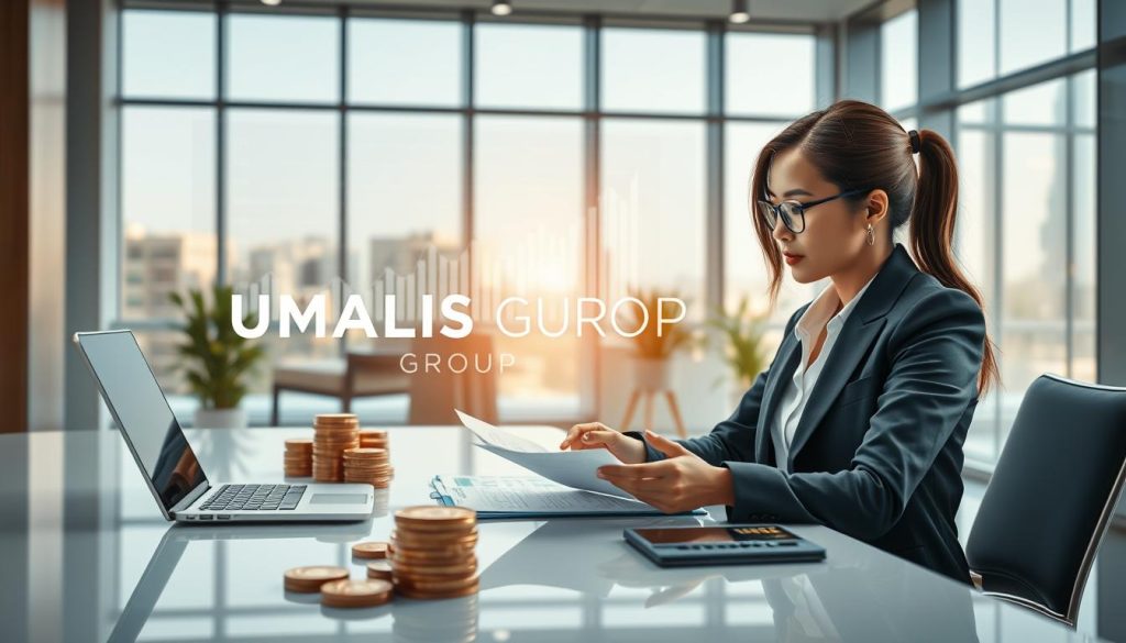 A financial reserve concept illustration featuring a modern office environment. In the foreground, a professional-looking woman in smart business attire is reviewing financial documents while sitting at a sleek desk adorned with a calculator and a laptop. In the middle, stacks of coins and banknotes symbolize financial security, subtly blending into a digital display of financial graphs behind her. The background shows a contemporary office with large windows, allowing natural light to flood the space, creating a bright and optimistic atmosphere. Soft reflections from glass surfaces enhance the theme of clarity and insight. The mood is one of focus and determination, capturing the essence of financial management. Include the brand name "UMALIS GROUP" subtly integrated into the scene, promoting professionalism and trust. A financial reserve concept illustration featuring a modern office environment. In the foreground, a professional-looking woman in smart business attire is reviewing financial documents while sitting at a sleek desk adorned with a calculator and a laptop. In the middle, stacks of coins and banknotes symbolize financial security, subtly blending into a digital display of financial graphs behind her. The background shows a contemporary office with large windows, allowing natural light to flood the space, creating a bright and optimistic atmosphere. Soft reflections from glass surfaces enhance the theme of clarity and insight. The mood is one of focus and determination, capturing the essence of financial management. Include the brand name "UMALIS GROUP" subtly integrated into the scene, promoting professionalism and trust.