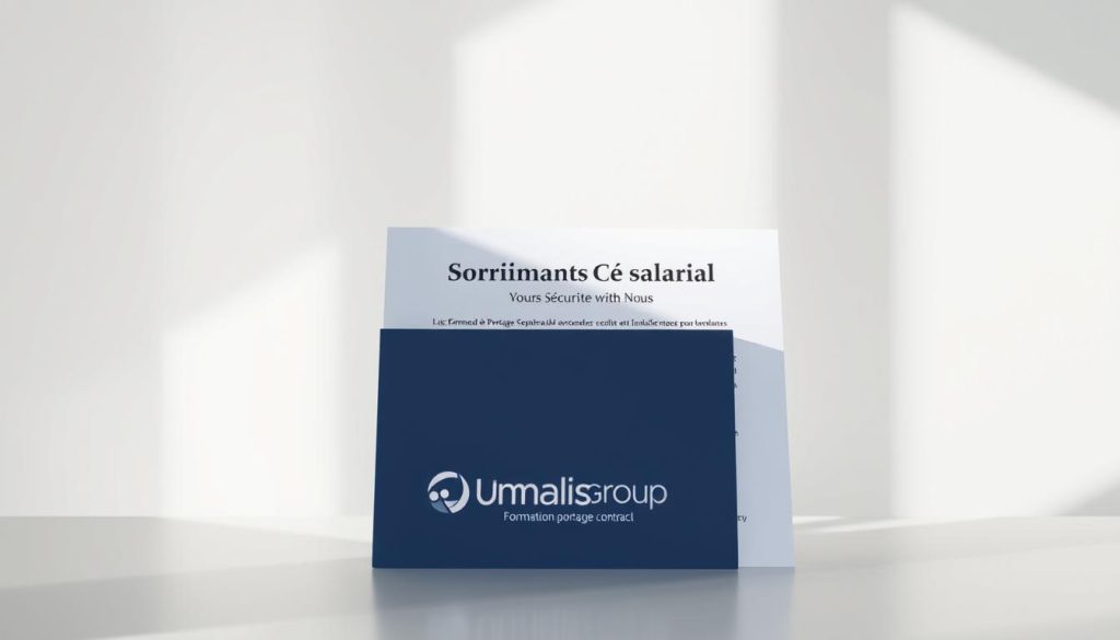 A finely crafted employment contract for a "contrat portage salarial" against a clean, minimalist background. The document is presented on a sleek, modern office desk, illuminated by soft, natural lighting that casts subtle shadows. The Umalis Group logo is prominently displayed, conveying a sense of professionalism and trust. The overall composition suggests a secure, well-organized work environment, reflecting the article's focus on "Formation Portage Salarial : Votre Sécurité avec Nous" and "Les Types de Contrats en Portage Salarial pour Formateurs".