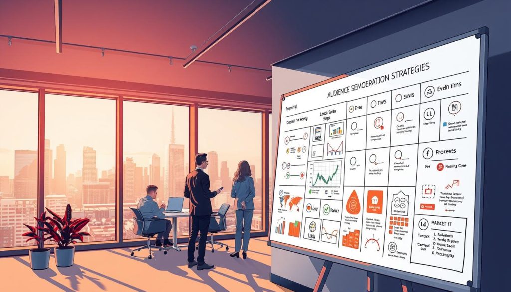 A finely detailed digital illustration showcasing audience segmentation strategies for the Umalis Group. In the foreground, a large whiteboard displays a grid of customer demographic data, with icons and annotations exploring different market segments. In the middle ground, a team of analysts in a modern office workspace examine the data and collaborate on targeted marketing approaches. The background features a cityscape visible through floor-to-ceiling windows, bathed in warm, directional lighting that casts dynamic shadows. The overall mood is one of analytical focus and strategic planning, with a sleek, professional aesthetic.