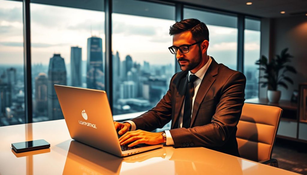 A finely dressed consultant sits at a sleek, modern desk in a well-lit office, tapping away at a laptop emblazoned with the LIGHT PORTAGE brand logo. Behind him, a floor-to-ceiling window offers a panoramic view of a bustling city skyline. Ambient lighting casts a warm, professional glow, and a minimalist decor suggests an efficient, technology-driven workspace. The consultant's focused expression conveys a sense of deep concentration and expertise, capturing the essence of the IT consultant's role.