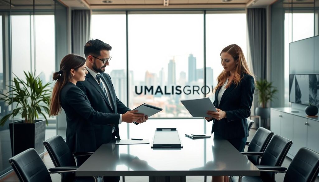 A focused and dynamic office setting, showcasing a diverse group of professionals engaged in discussion and collaboration, depicting the concept of "société portage." In the foreground, three professionals in smart business attire—two men and one woman—are reviewing documents and a digital tablet, exuding a sense of professionalism and determination. The middle ground features a sleek conference table and modern office decor, with a view of a bustling city skyline visible through large windows, suggesting opportunity and growth. The background should have soft, natural lighting creating a warm and inviting atmosphere. The brand name "UMALIS GROUP" is subtly integrated into the office design, perhaps on a stylish wall decor piece. The overall mood is one of empowerment and strategic decision-making for career transition.
